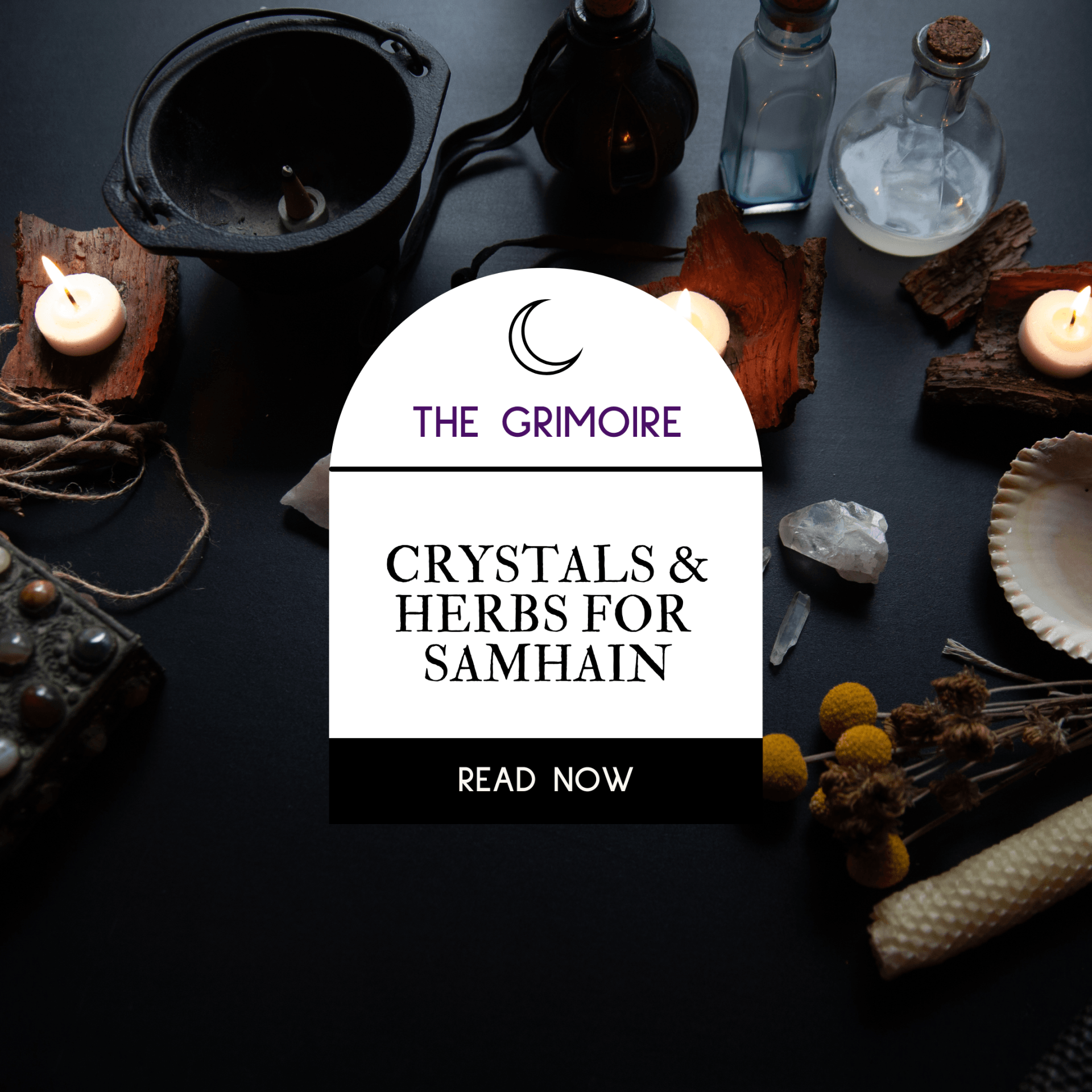 A table topped with crystals and herbs for samhain.