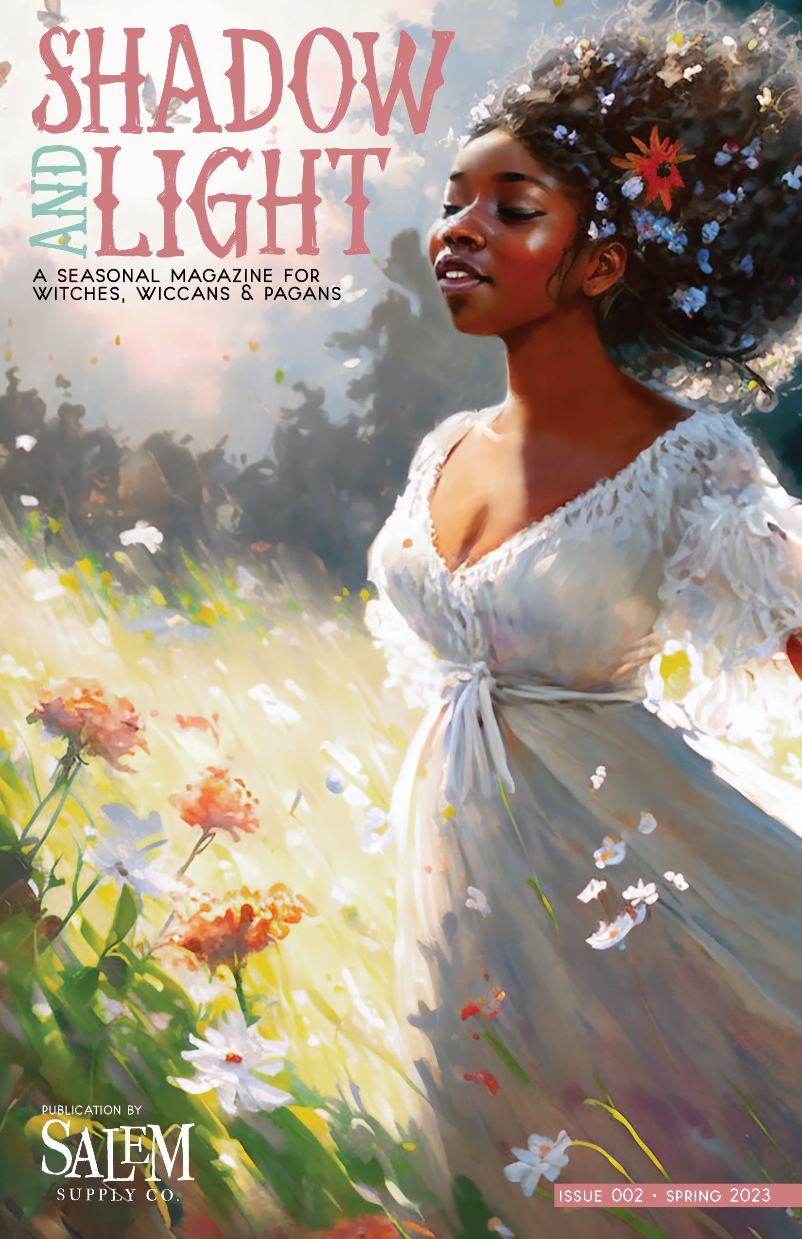 A woman in a white dress is standing in a field of flowers.