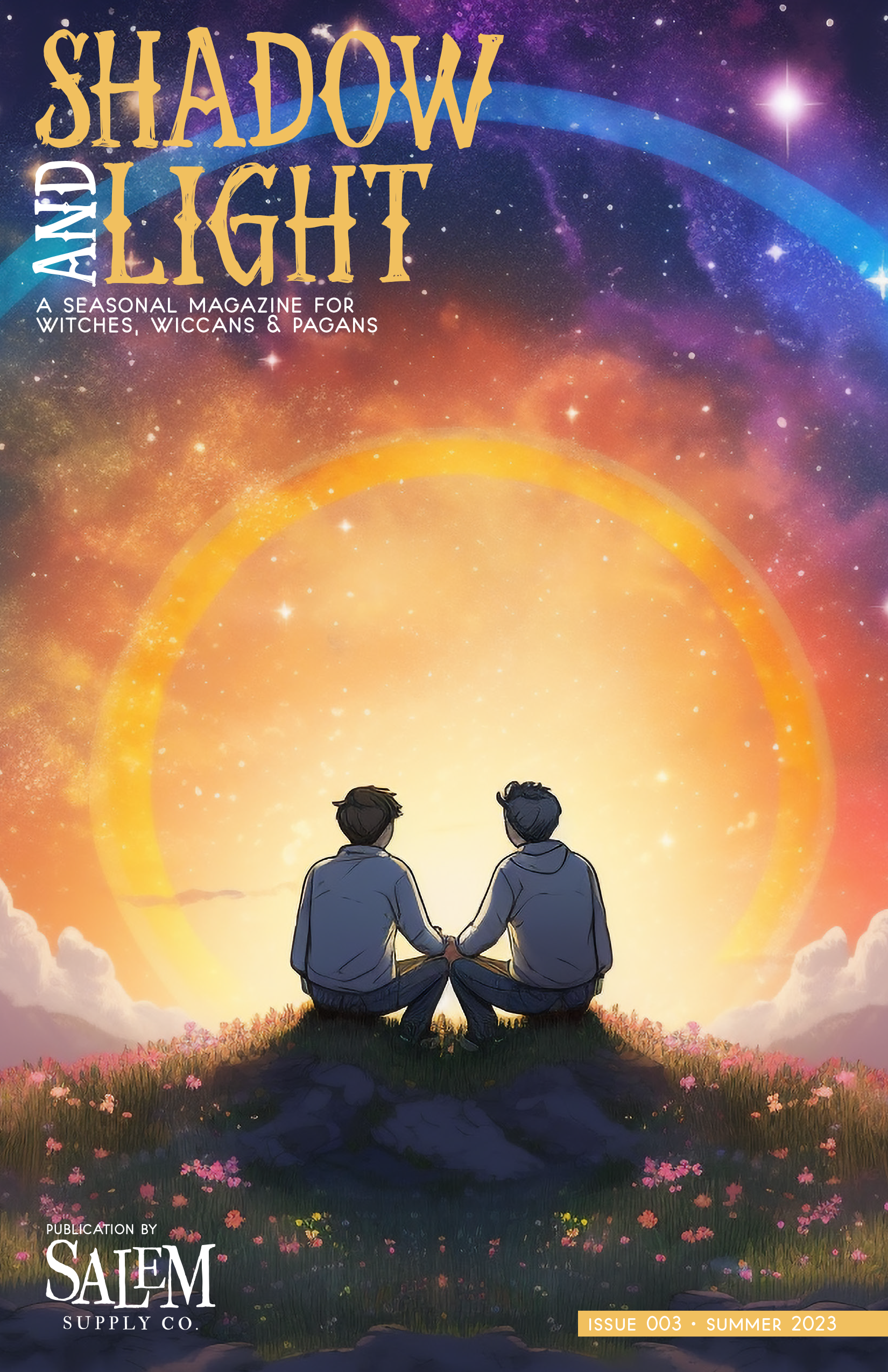 A couple of men sitting on top of a hill looking at the sun.