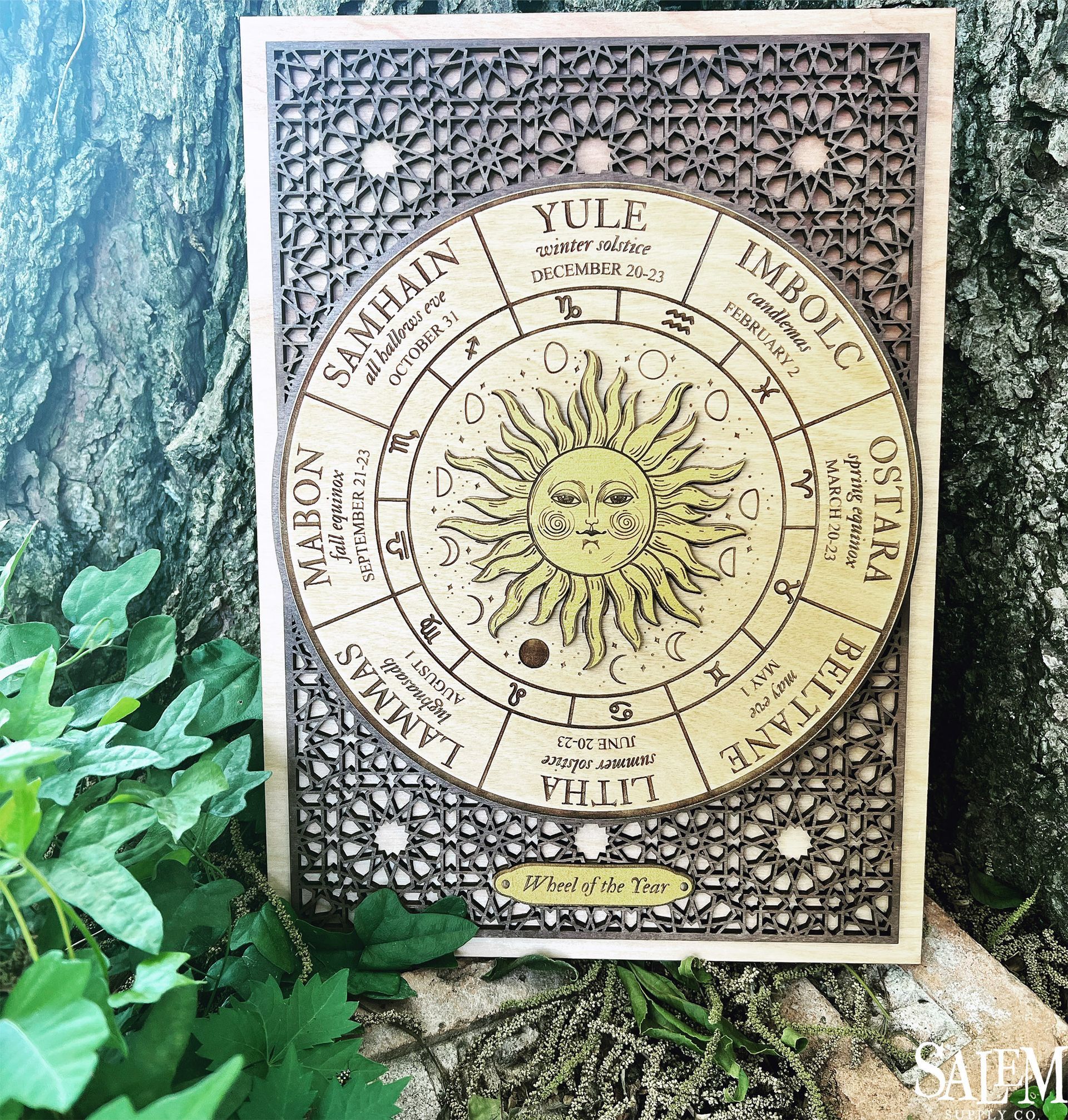 A clock with a sun on it is sitting next to a tree.
