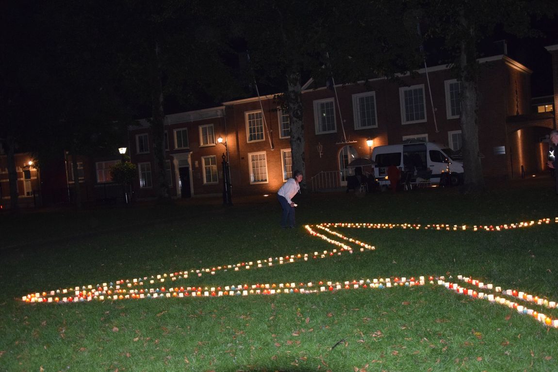 Nachtscène met gloeiende lichtslingers die een pad markeren over een grasveld voor huizen.