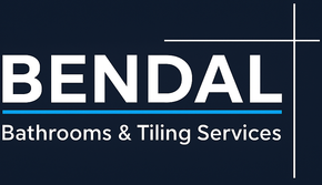 Logo for BENDAL Bathrooms & Tiling Services with white text and a blue horizontal line on a dark blue background.