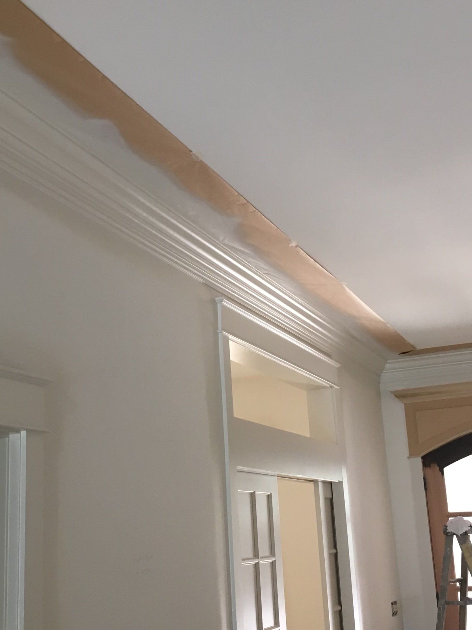 Close-up of white crown molding and a doorway with tan trim in a bright interior room