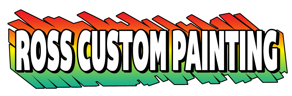 Ross Custom Painting logo with bold white text on a red-to-green striped background