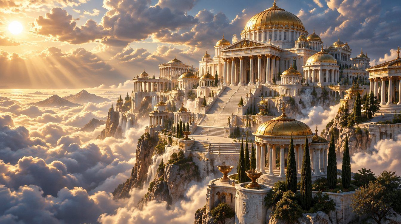 Original artwork: the marble and gold palaces of Olympus rising above a sea of sunlit clouds.