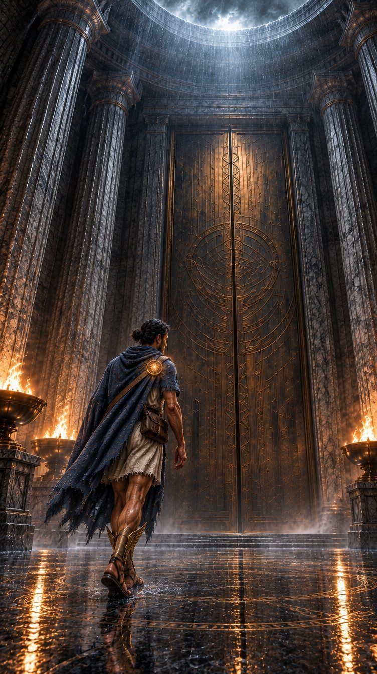 Hermes, cloak trailing, strides across the rain-slick floor of the Hall of the Gods toward a towering sealed bronze door.