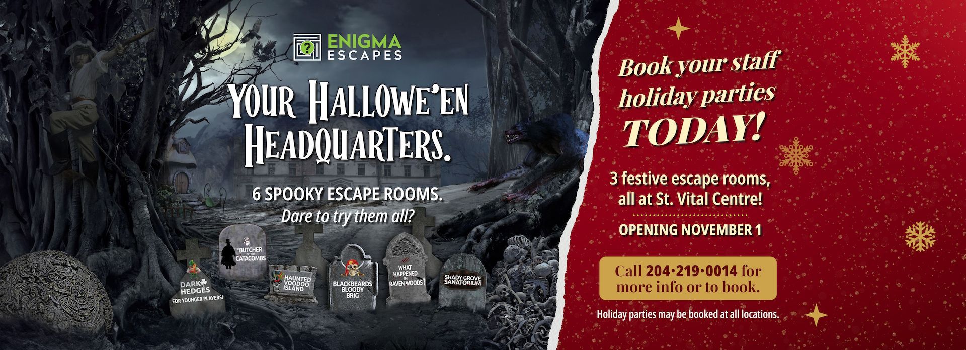 Enigma Escapes desktop home page hero - halloween + christmas