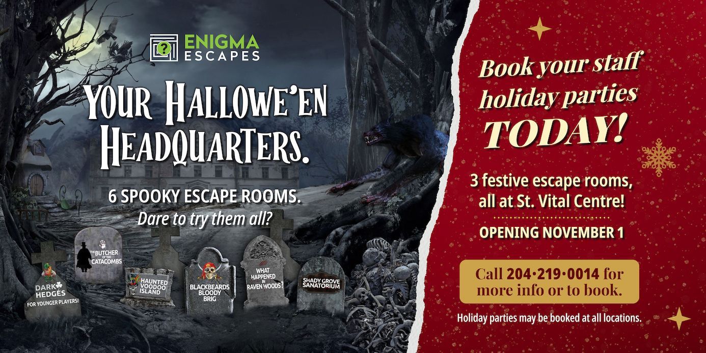 Enigma Escapes tablet home page hero - halloween + christmas

