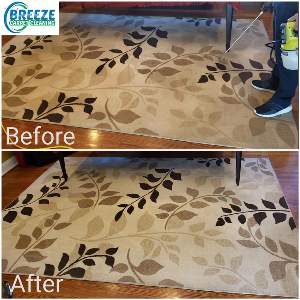 Before and after comparison of a leaf-patterned area rug being cleaned, showing brighter colors and cleaner texture.