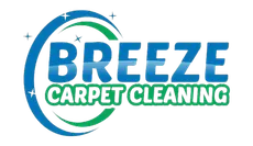 The blue and green logo for Breeze Carpet Cleaning, featuring stylized text and graphic swooshes with small stars.