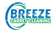The blue and green logo for Breeze Carpet Cleaning, featuring stylized text and graphic swooshes with small stars.