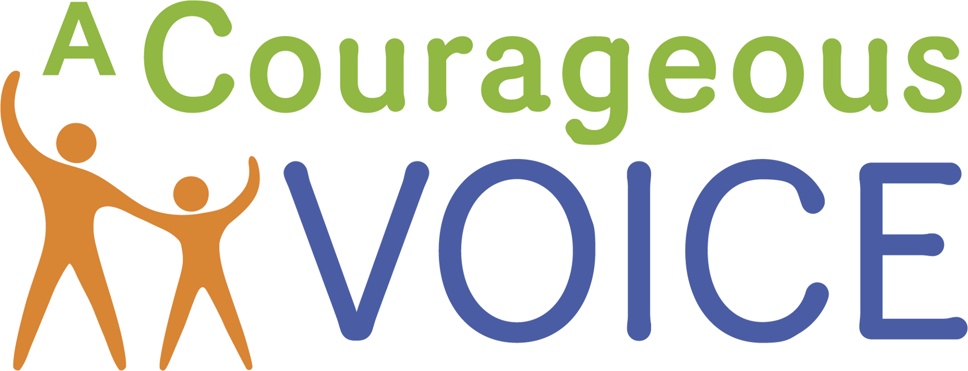 Logo: Two stick figures in orange, under "A Courageous VOICE" in green and blue.