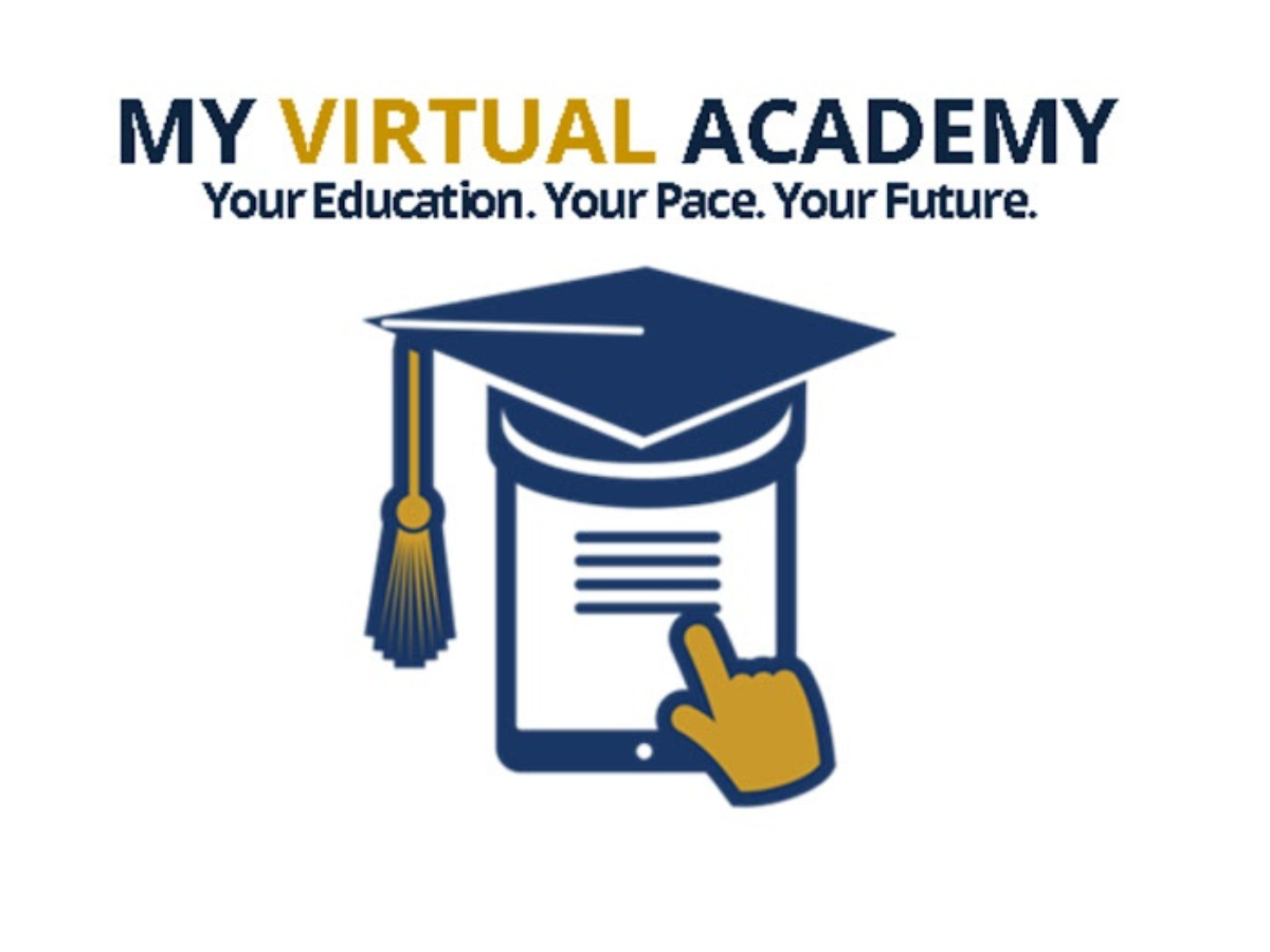My Virtual Academy logo with blue graduation cap, diploma, and hand cursor icon