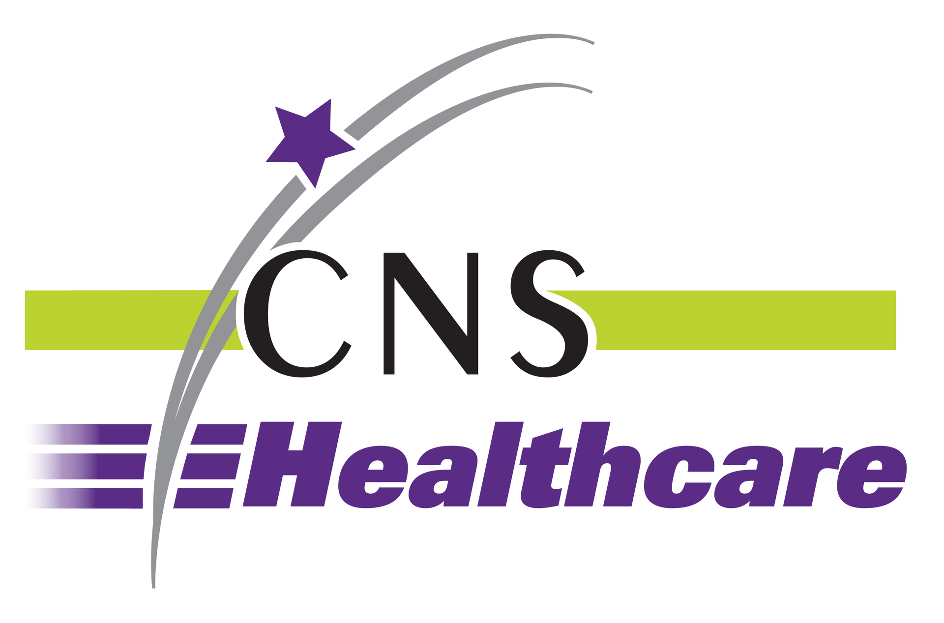 CNS Healthcare logo with purple text, green stripe, and a star above curved gray lines