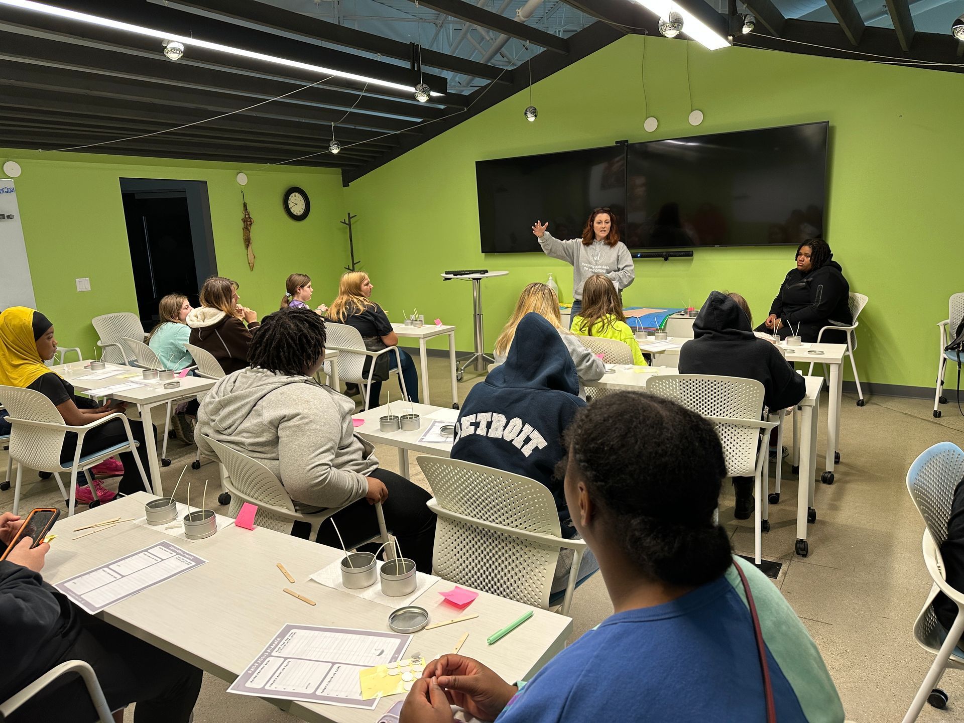 Amy Ever, Founder of A Courageous Voice is teaching the Kids Voices matter Program to a classroom of girls with the South East Michigan Girl Scouts. 