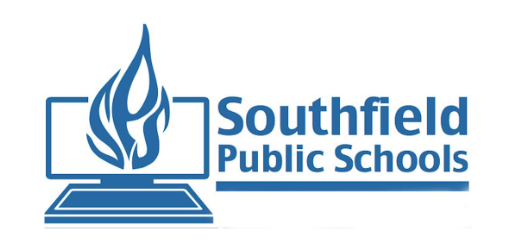 Southfield Public Schools logo with a blue laptop and flame icon