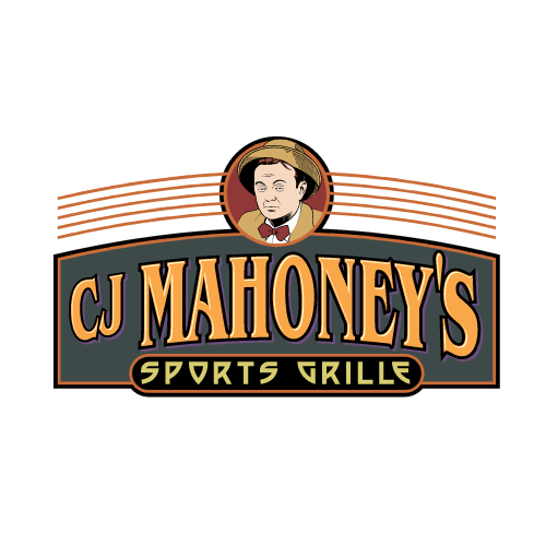 CJ Mahoney’s Sports Grille logo with a cartoon face and orange-striped banner