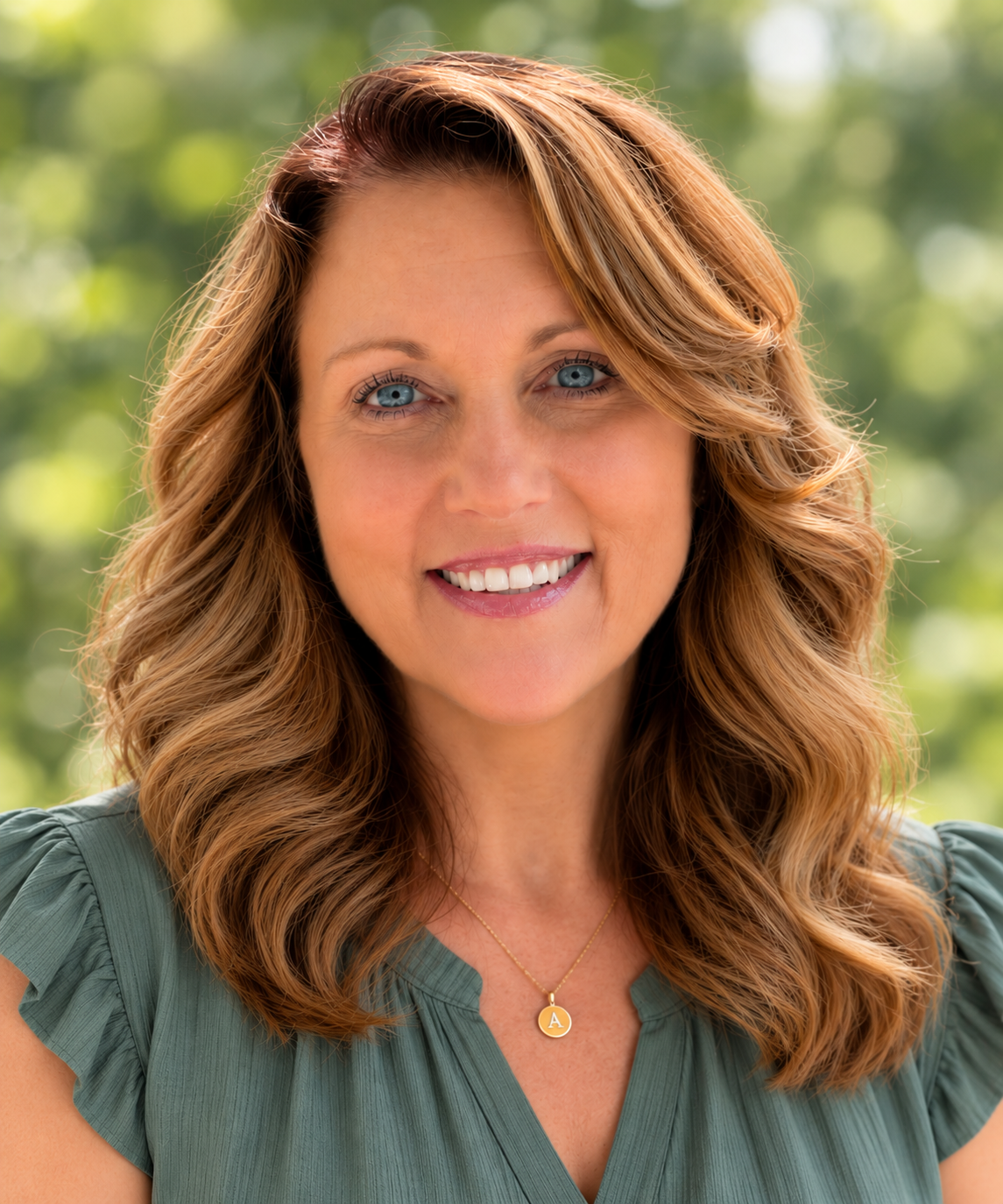 Smiling woman in a tan sweater standing outdoors amid autumn leaves and trees