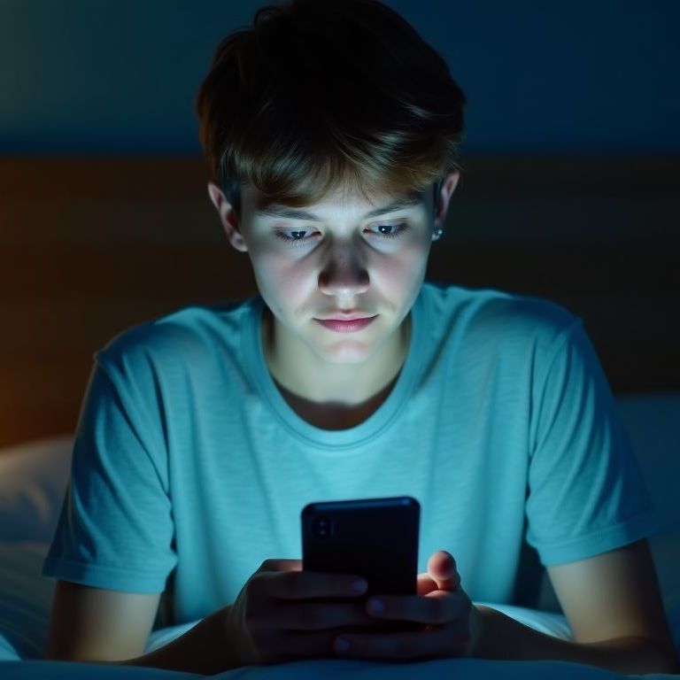 A young man is laying in bed looking at his cell phone