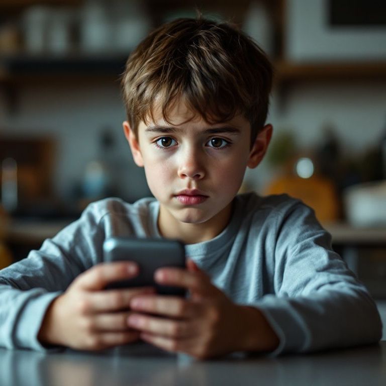 A young boy is sitting at a table using a cell phone.