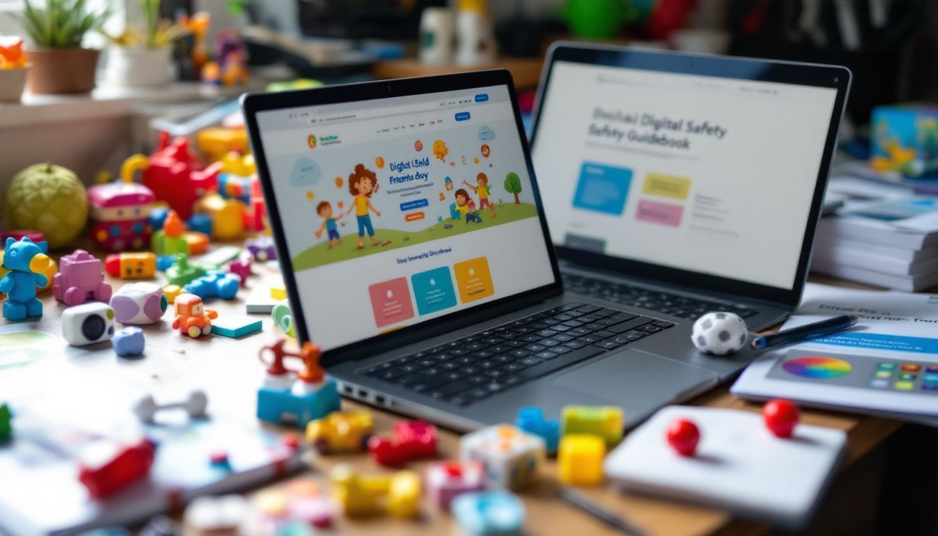 Two laptops are sitting on a table surrounded by toys.