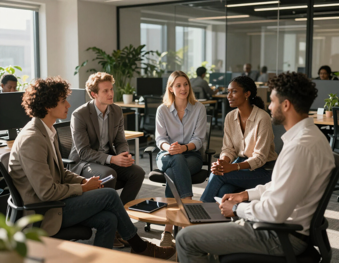 Diverse professionals collaborating in a modern office