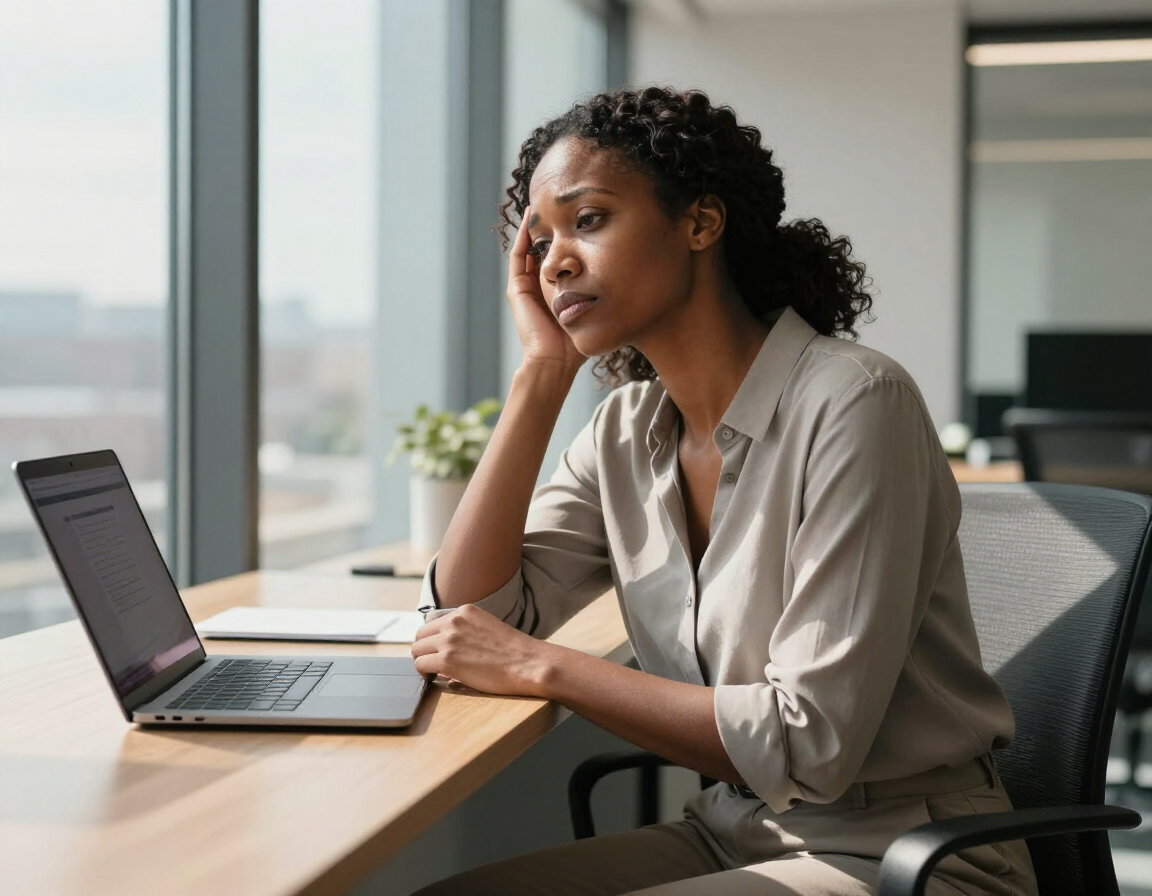 Professional woman at desk looking tired, communicating emotional exhaustion