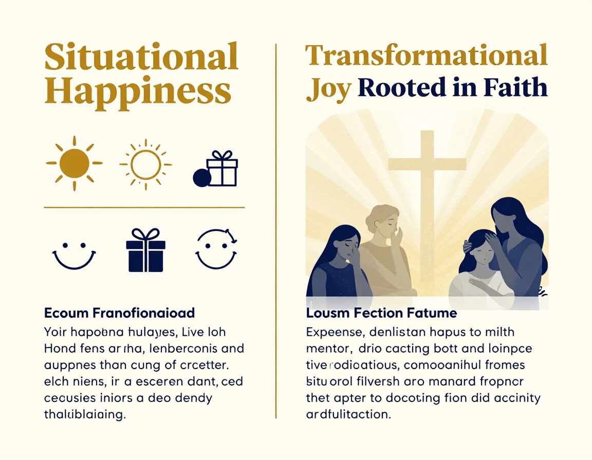 Happiness vs. Joy — infographic comparing situational happiness to transformational joy rooted in God's promises.