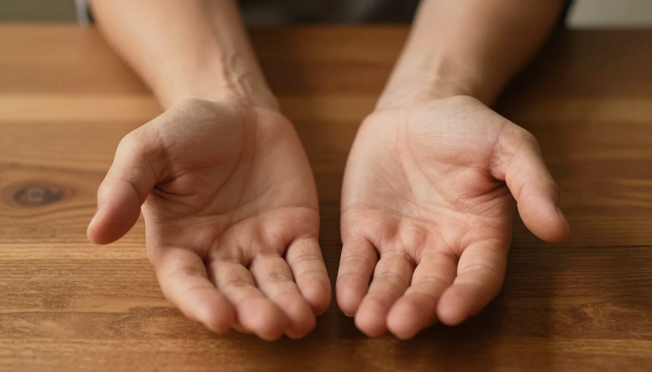 Open hands on a table in warm light — representing surrender, forgiveness, and emotional release.
