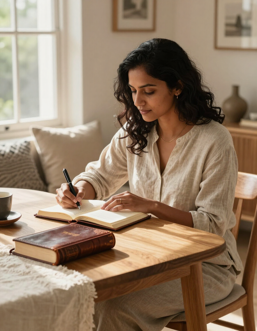 Woman journaling in a peaceful sunlit home with an open Bible nearby