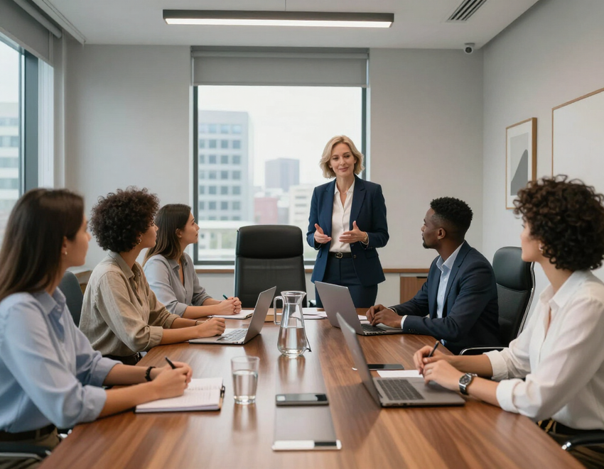 Diverse group of professionals in a modern office engaged in a positive discussion