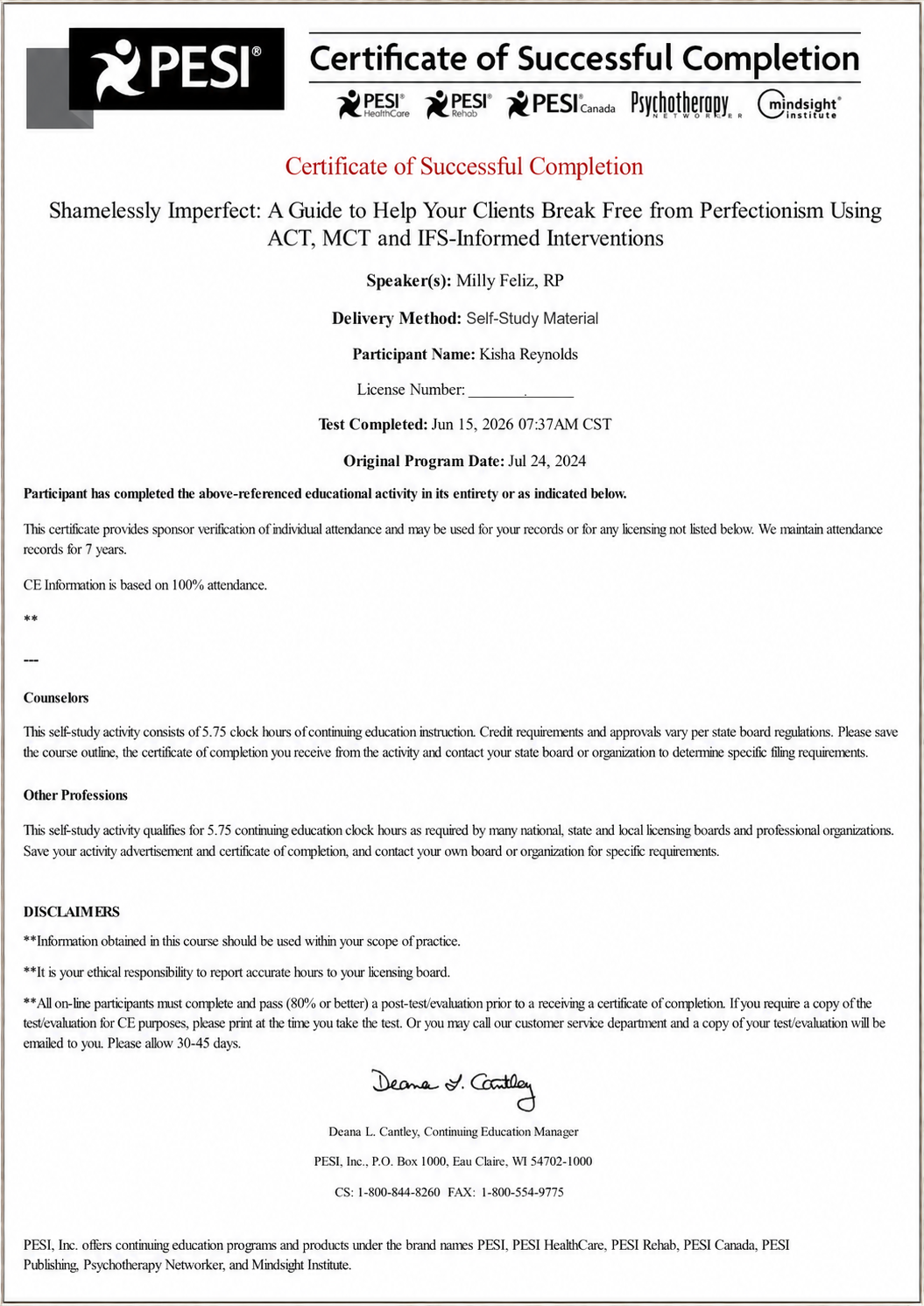 Certificate of Successful Completion for Shamelessly Imperfect: A Guide to Help Your Clients Break Free from Perfectionism, awarded to Kisha Reynolds, 5.75 continuing education clock hours, completed June 15, 2026