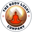 Logo for The Body Light Company featuring a red silhouette in a meditative pose before pyramids inside a circular frame.