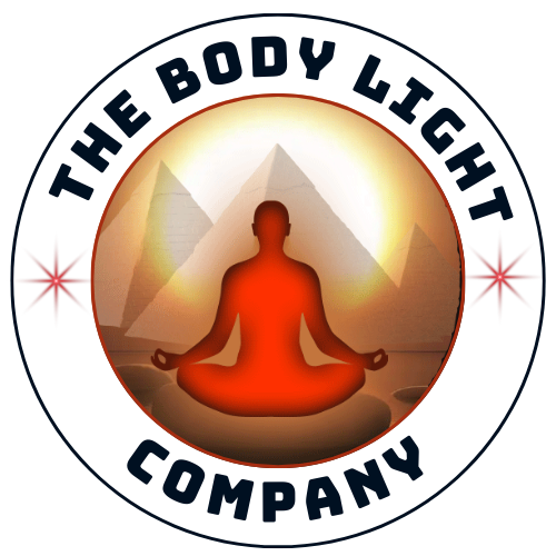 Logo for The Body Light Company featuring a red silhouette in a meditative pose before pyramids inside a circular frame.