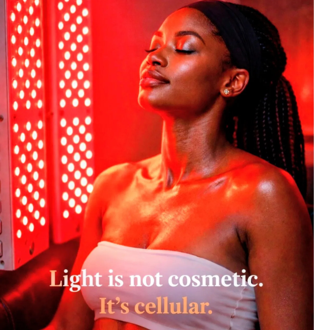 A person relaxes in front of a red light therapy panel. Text overlay: 