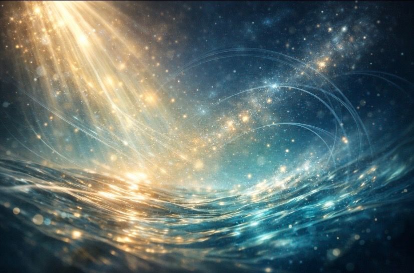 Abstract art showing golden light rays streaming onto a dark, sparkling, wavy ocean surface under a starry sky.