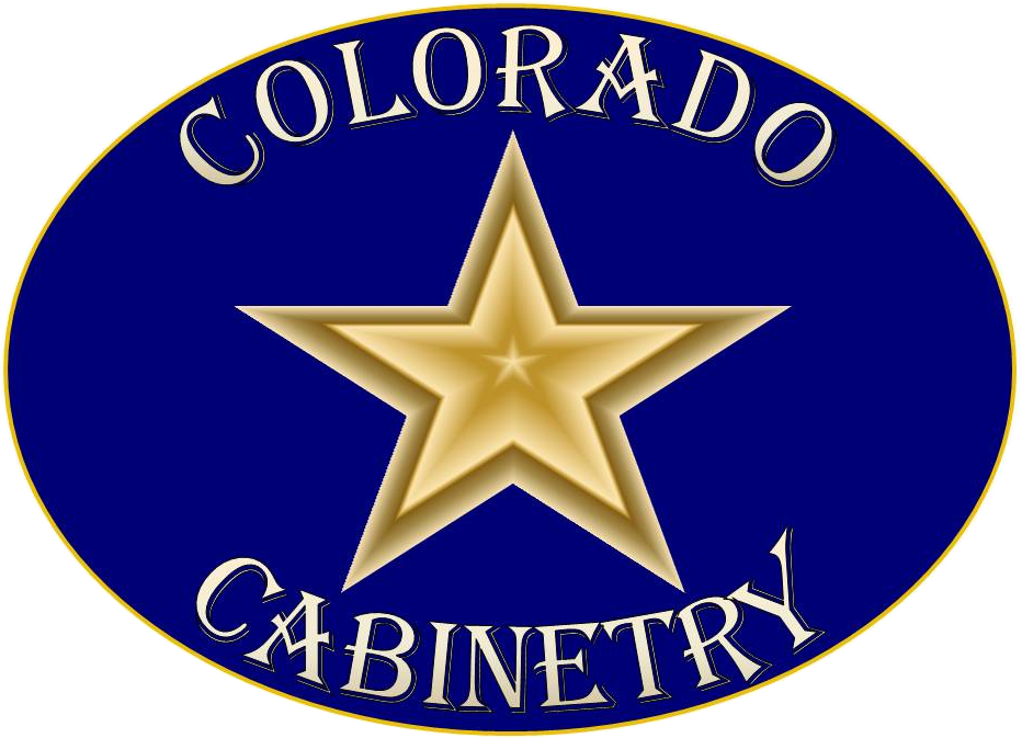 A logo for colorado cabinetry with a gold star on a blue background