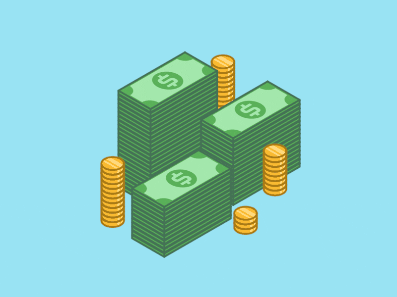 Stacks of green cash and gold coins on a light blue background, suggesting wealth and finance.