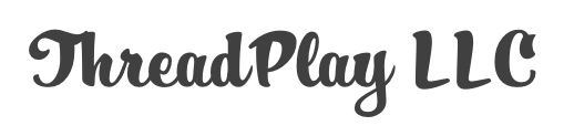 A black and white logo for thread play llc on a white background.