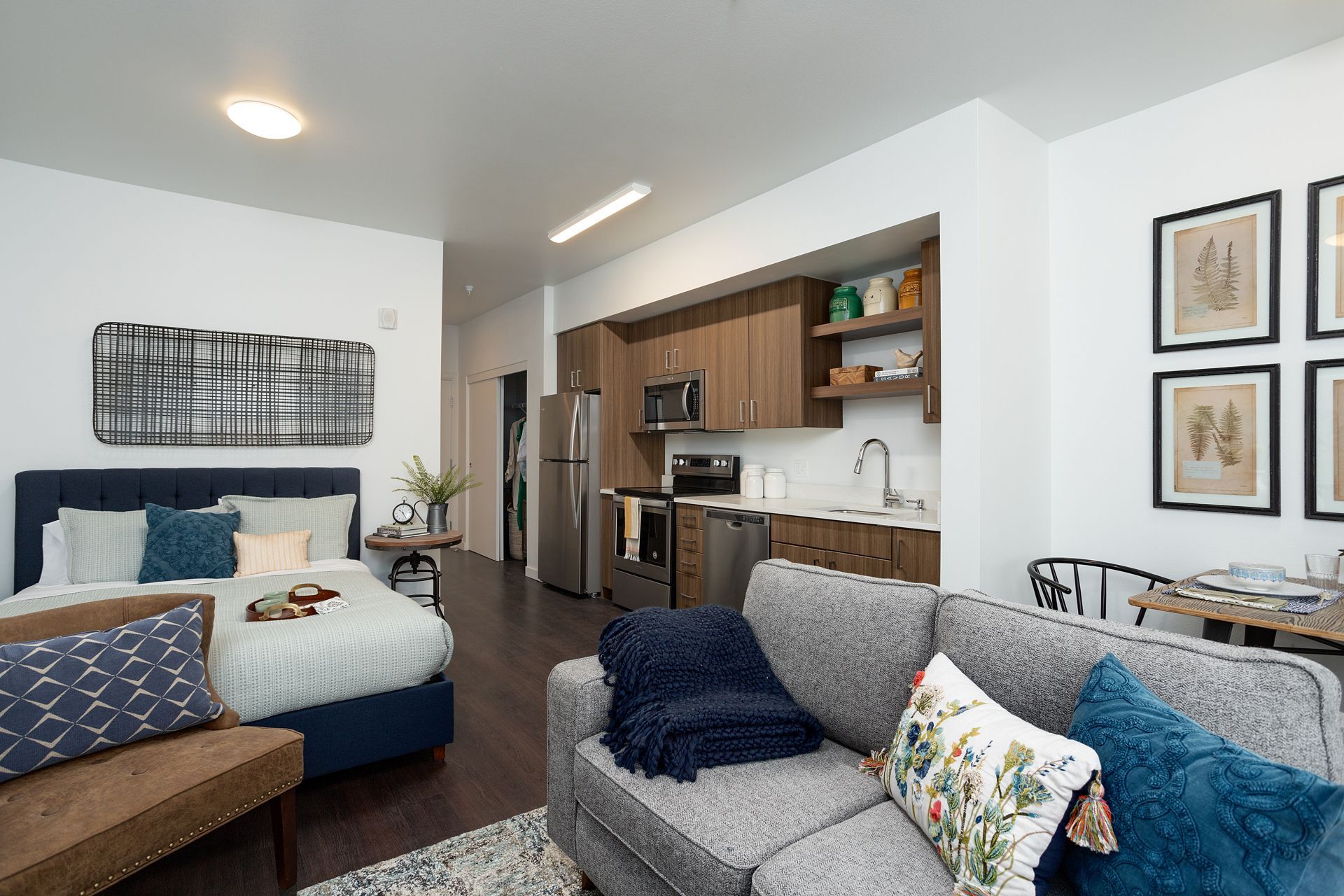 A living room with a couch , bed , and kitchen.