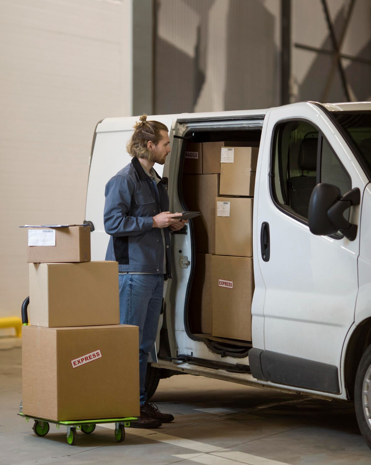 Worker loading boxes into a white delivery van from a warehouse dock