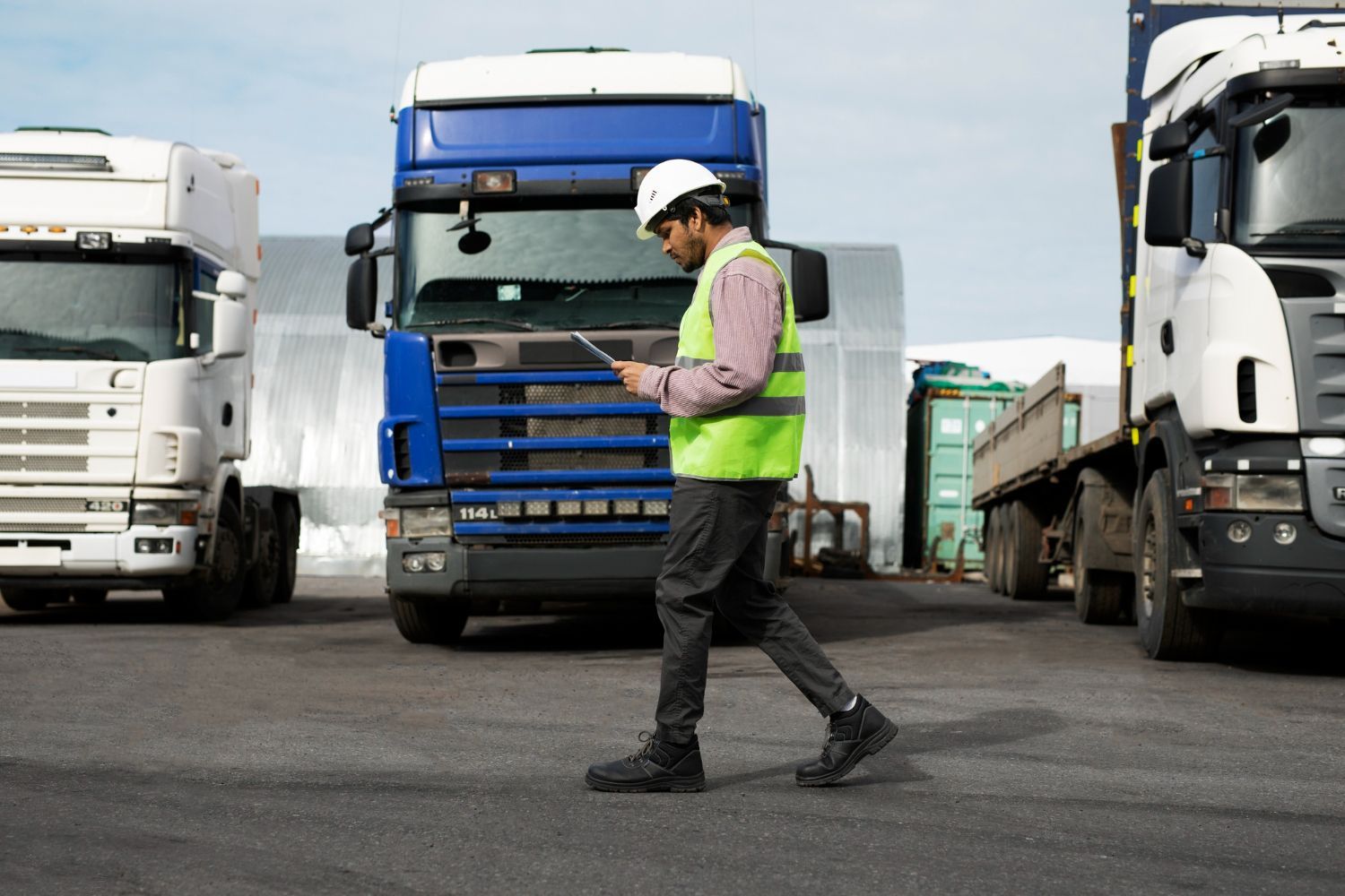 Worker in a hard hat walks in front of parked trucks at a freight yard
