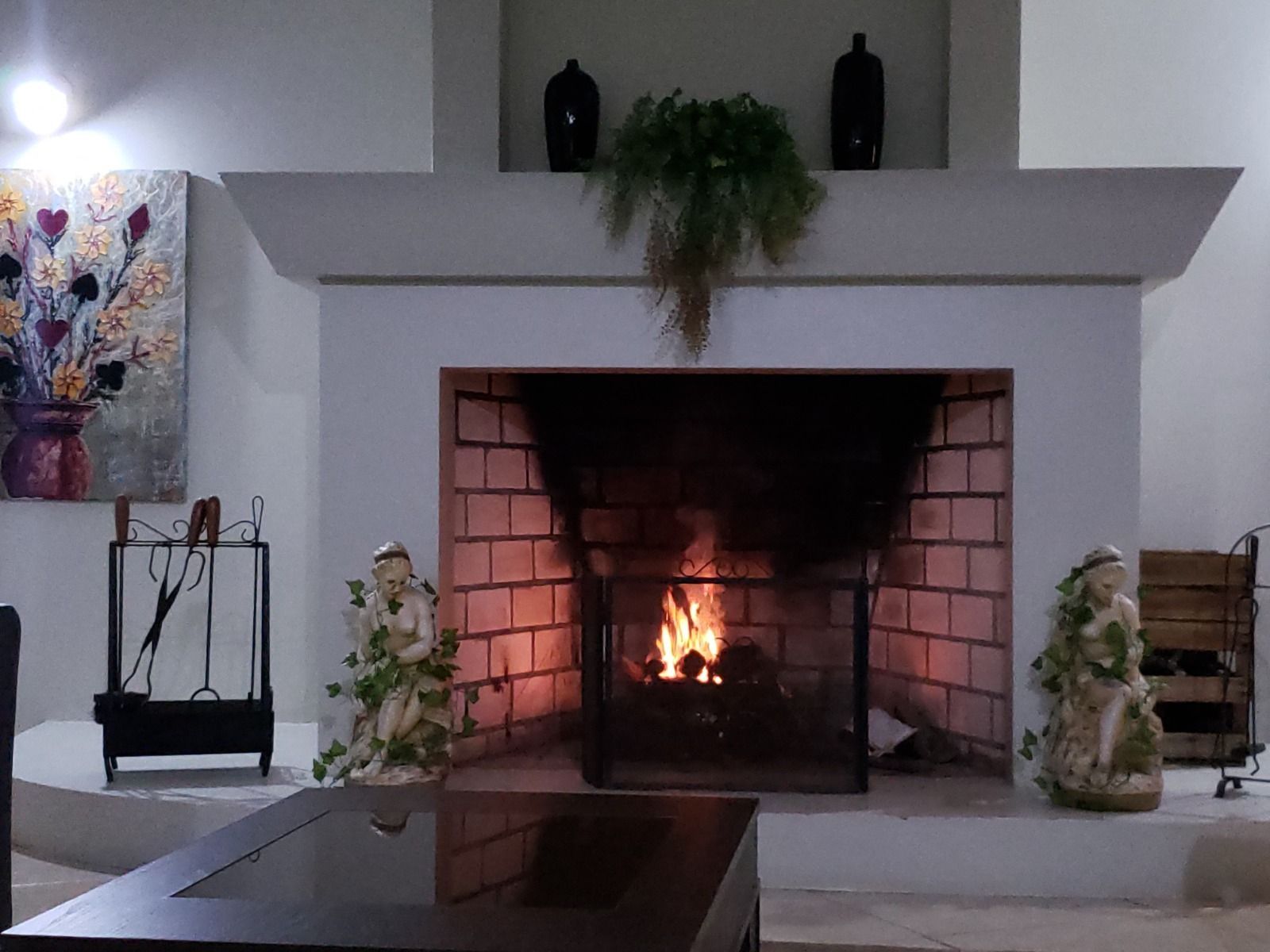 Sala de estar aconchegante com uma lareira acesa, uma lareira branca e plantas sobre a lareira e o consolo.