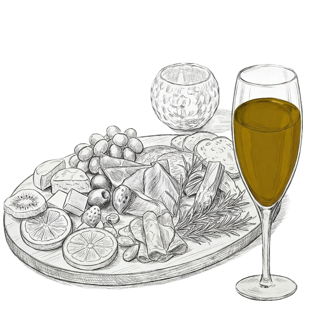 Sketch of a fruit and cheese platter with a glass of white wine on a white background