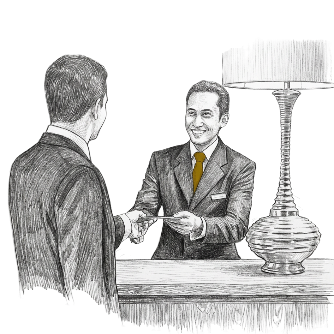 A smiling clerk hands a document to a man at a reception desk with a lamp.