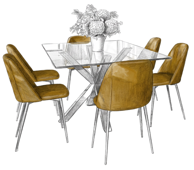 Glass dining table with four tan chairs and a vase of flowers