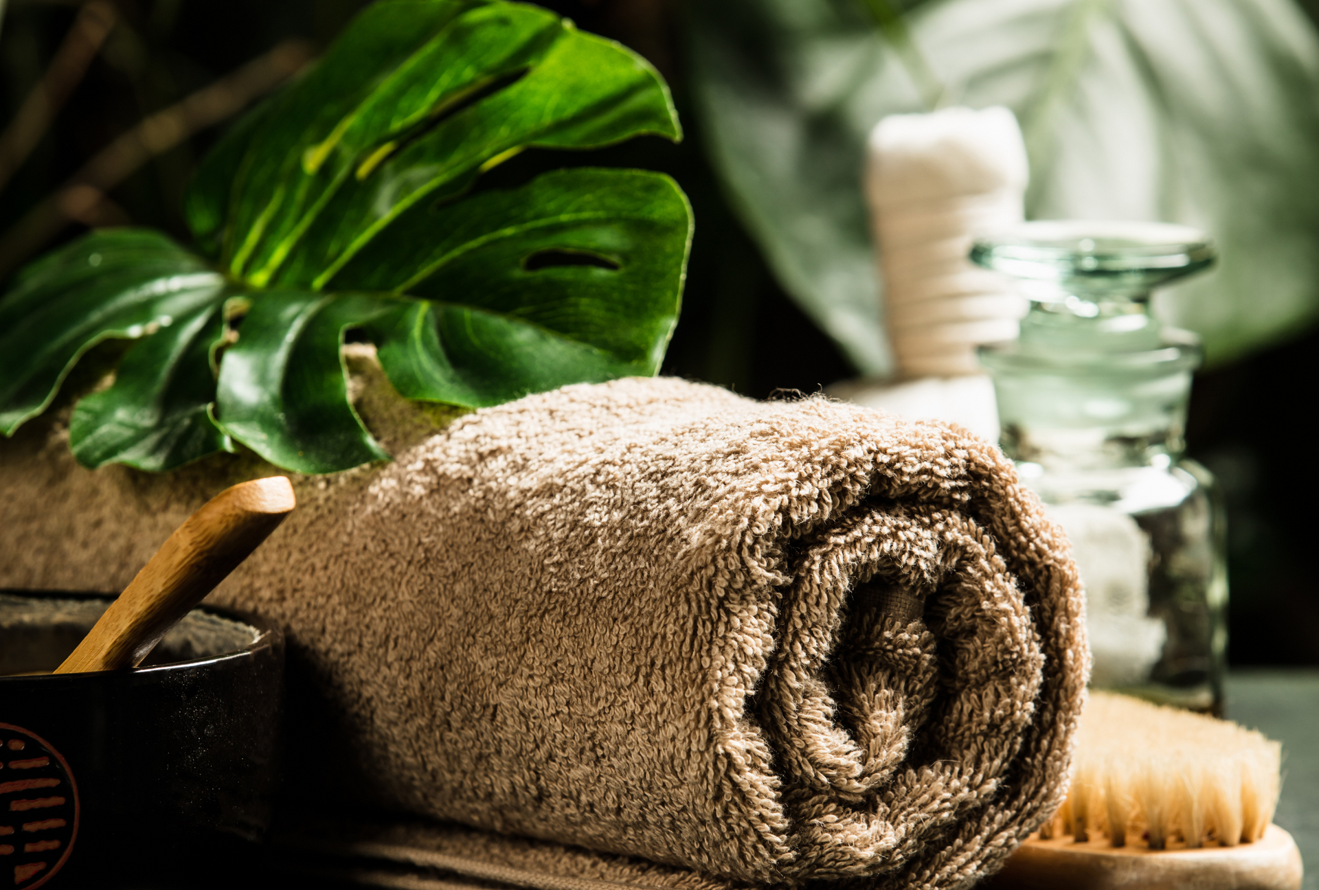 Rolled beige towel beside a green plant and wooden brush on a spa shelf