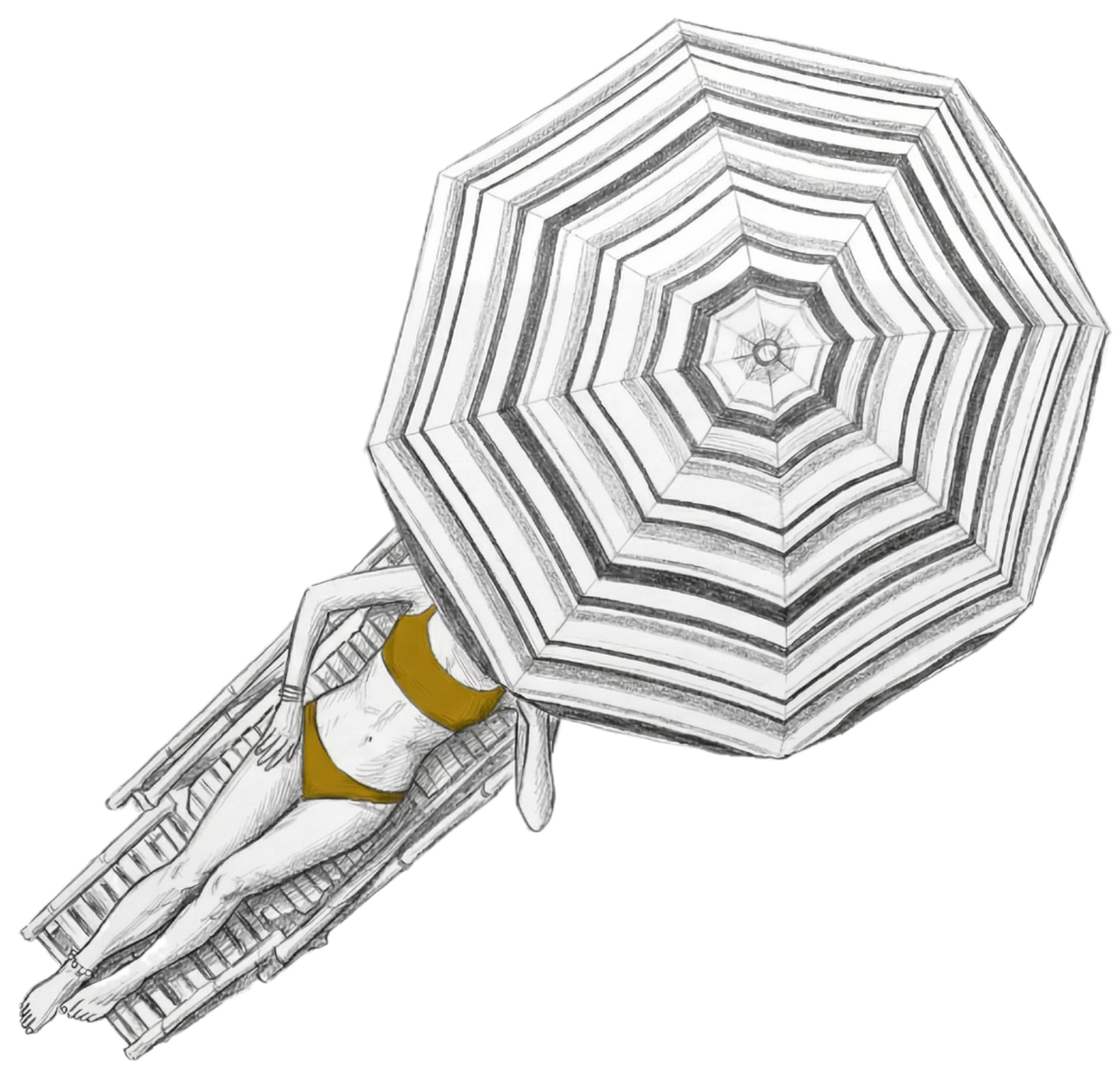 Person reclining under a large striped parasol, viewed from above.