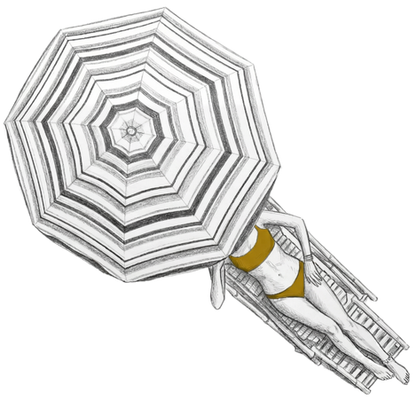 Line drawing of a reclining person beneath a large striped umbrella, viewed from above.
