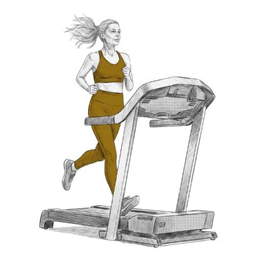 Woman jogging on a treadmill in a gym, wearing a mustard sports bra and leggings